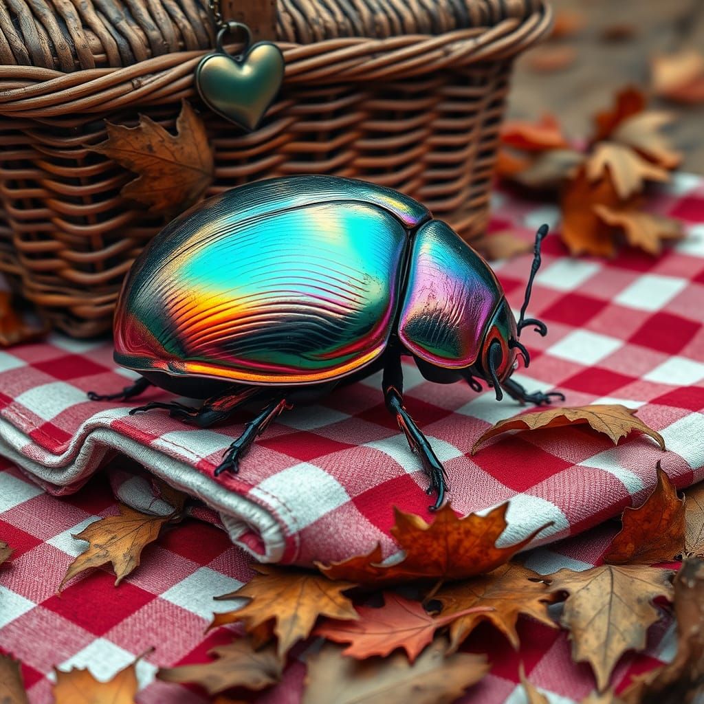 Exquisite Iridescent Beetle Amidst Autumn Leaves