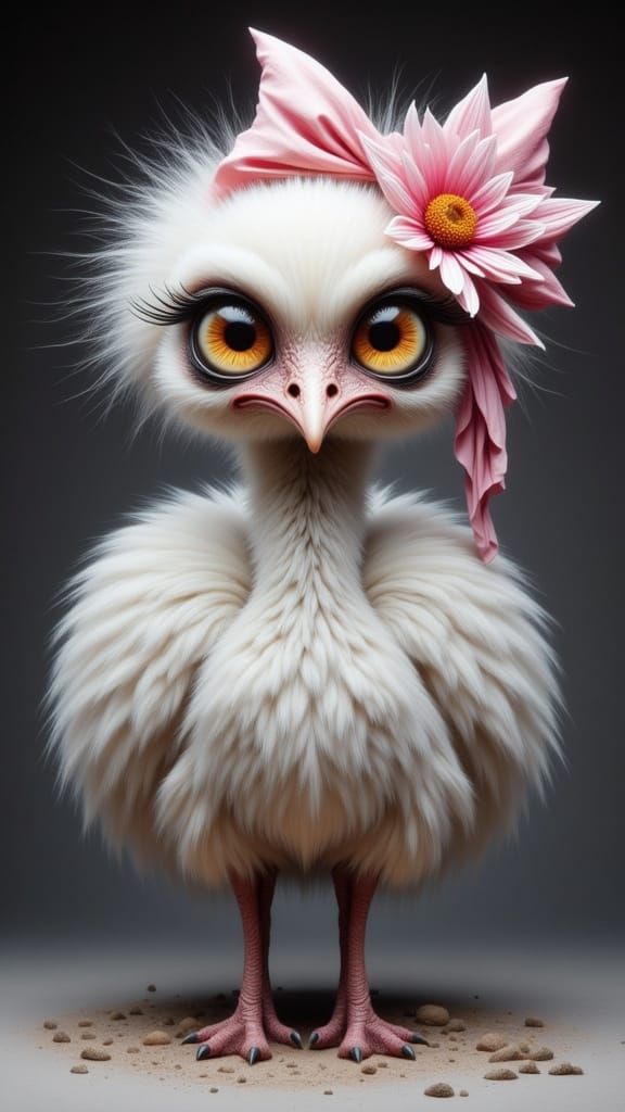 Emu with Bow and Flower in Cracked Impasto Style