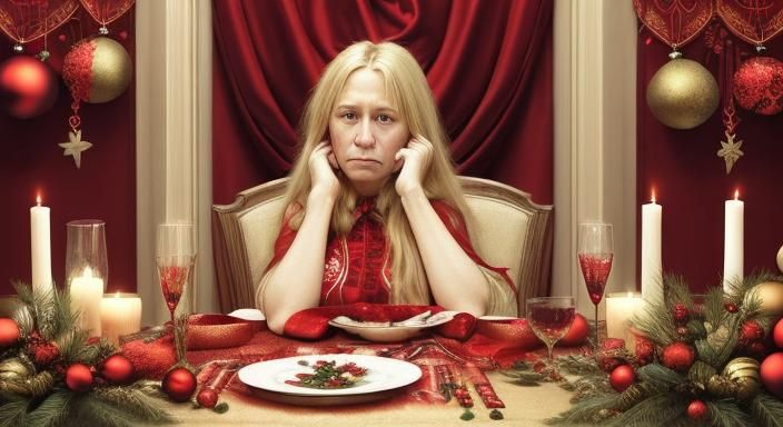 Sad Woman at Christmas Table in Abstract Art