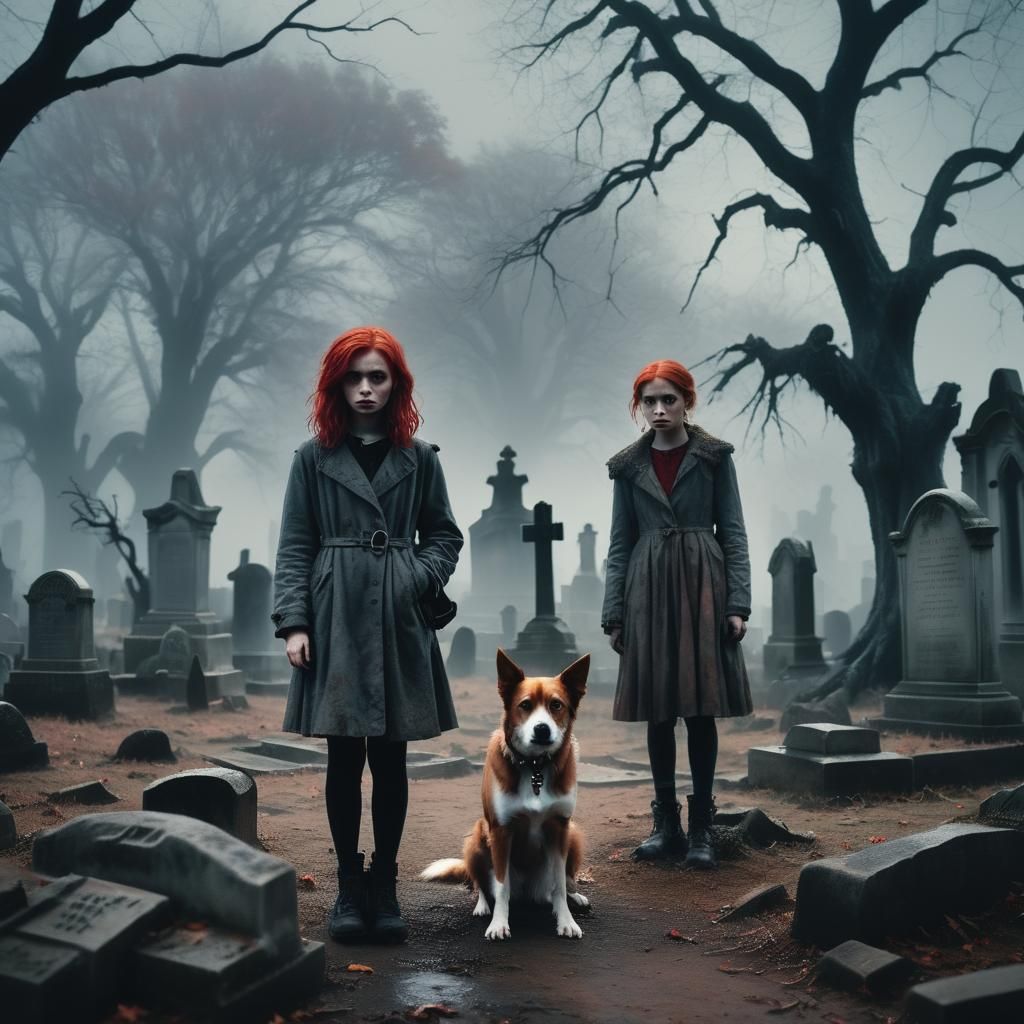 Girl with Dog in Graveyard, Cinematic Film Still