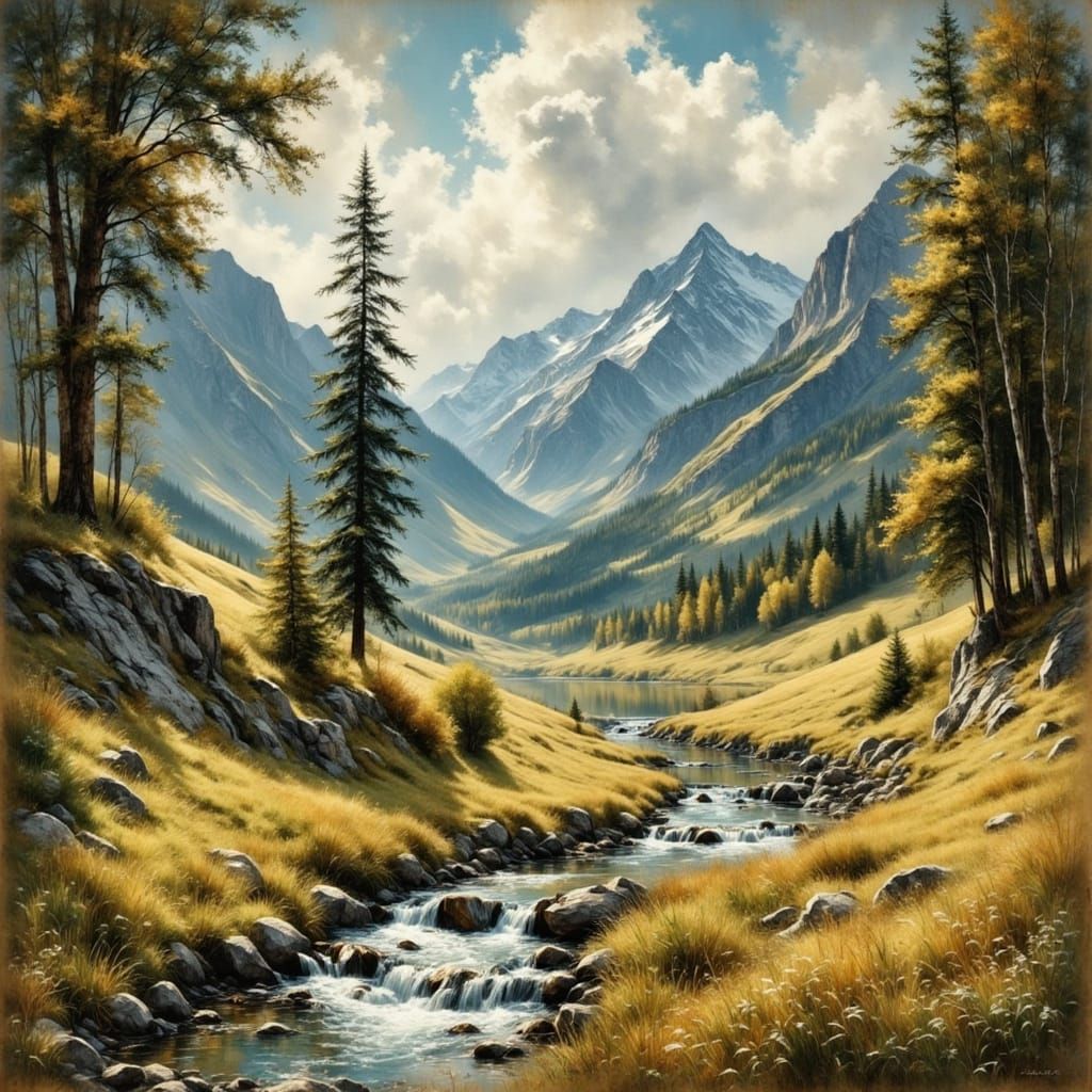 Boy Singing by Mountain Stream in Field of Grass