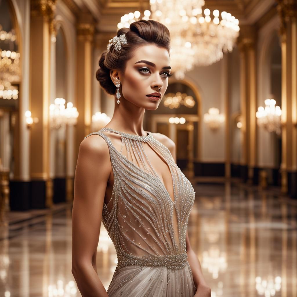 Elegant Young Woman in Luxurious Ballroom Attire