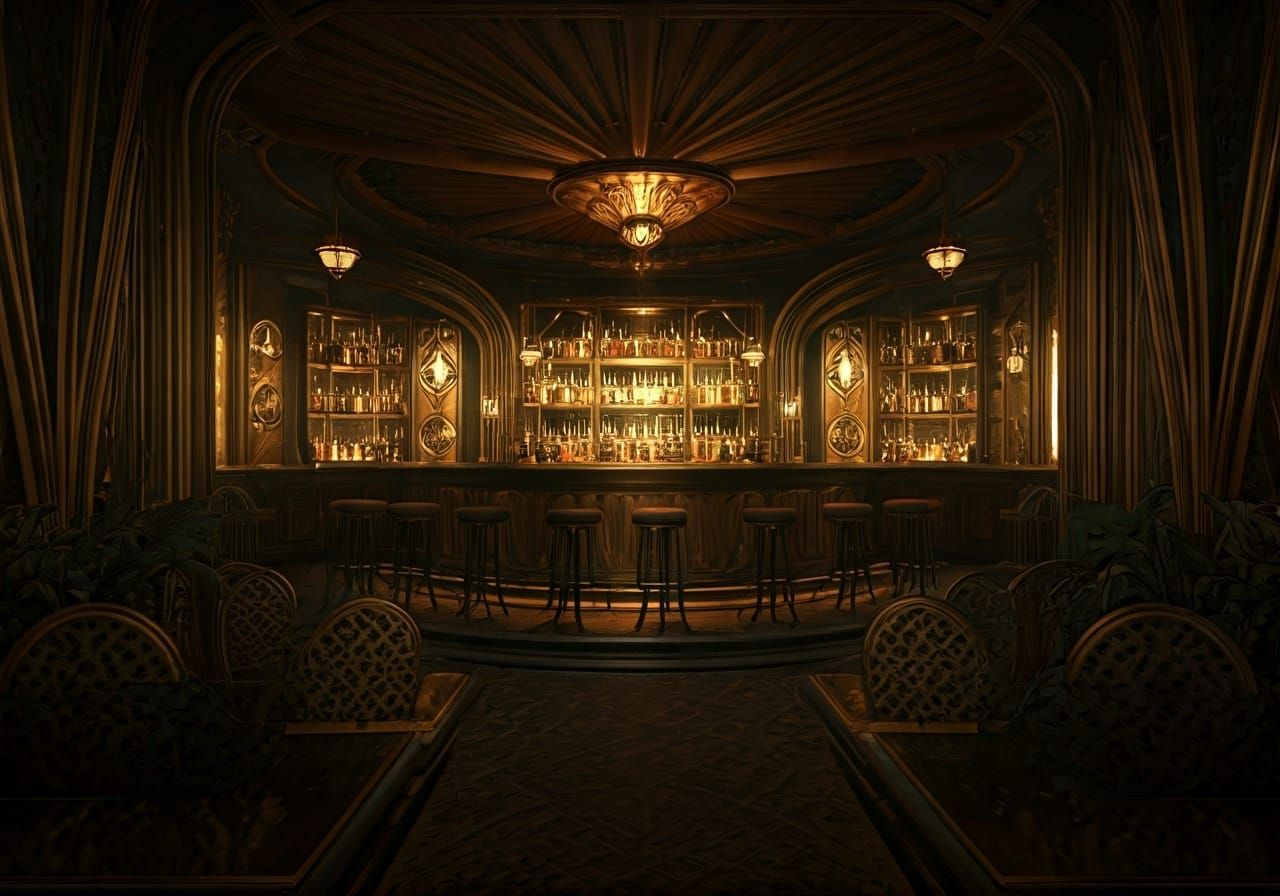 Lavish Speakeasy Bar in High Fantasy Landscape