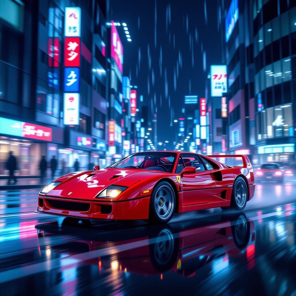 Ferrari F40 Speeds Through Neon Tokyo at Midnight