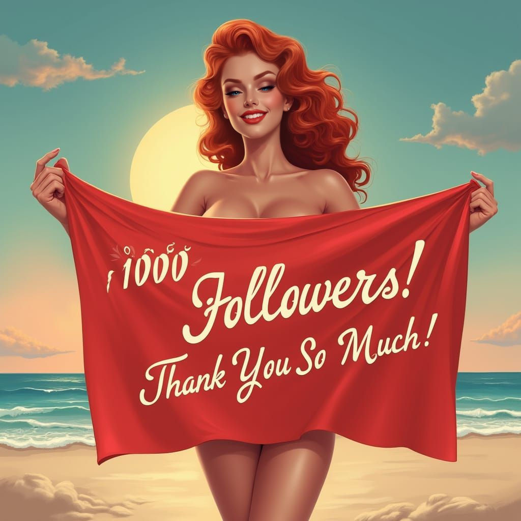 Vintage Pin-Up Girl on Beach at Sunset