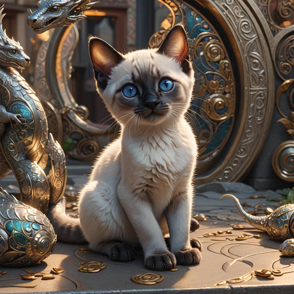 Siamese Kitten and Silver Dragon in Art Nouveau Style