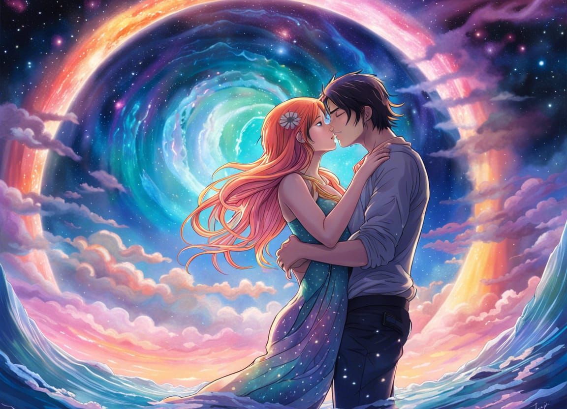 Cosmic Kiss in Ukiyo-e Style Seascape