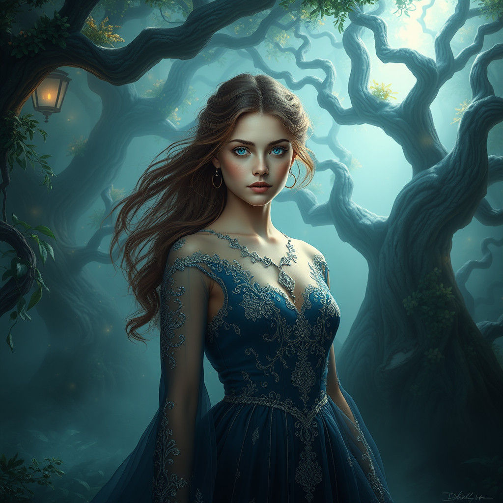 Enchanting Woman in Mystical Forest: Fantasy Concept Art