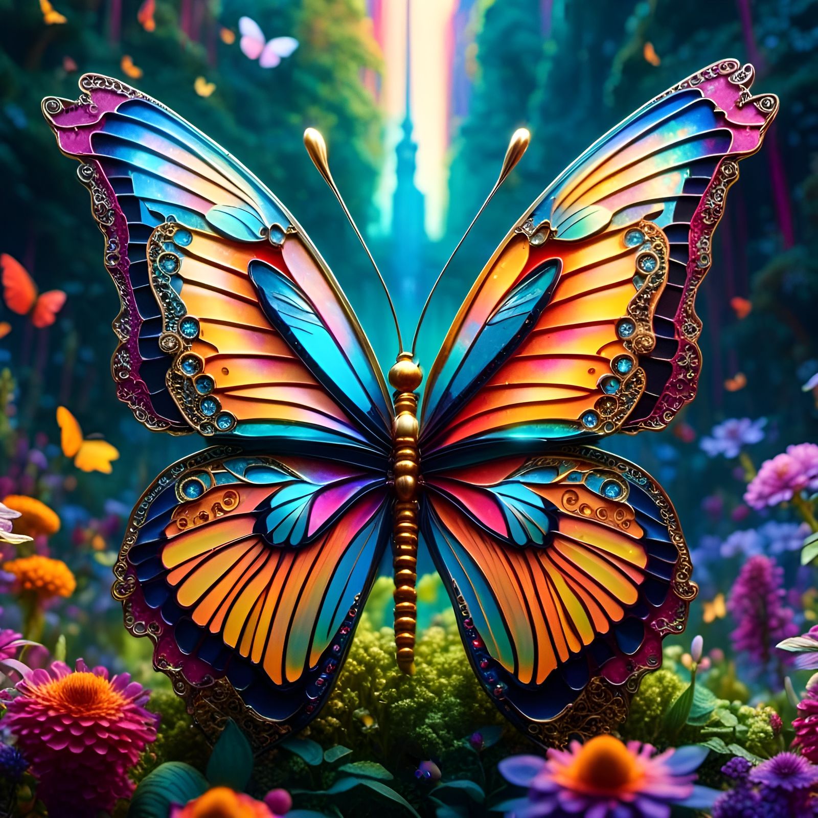 Holographic Butterfly in Flower Garden