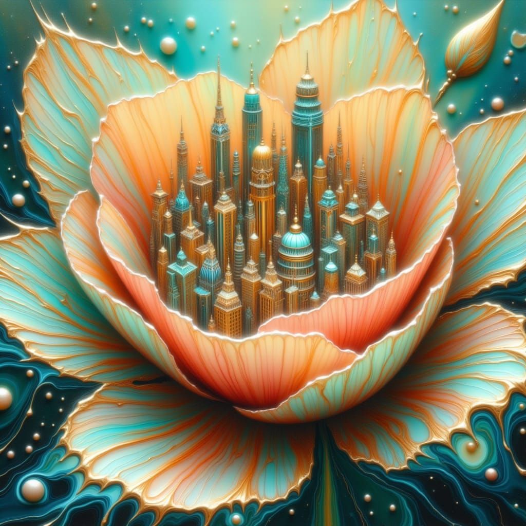 Miniature City Inside Giant Flower Petals Airbrush Art