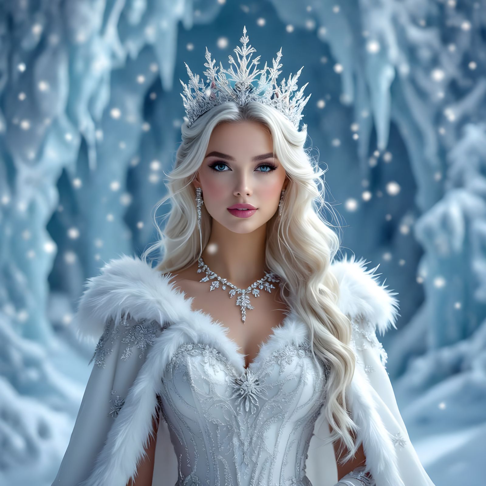 Elegant Snow Queen in Intricate Ice Palace