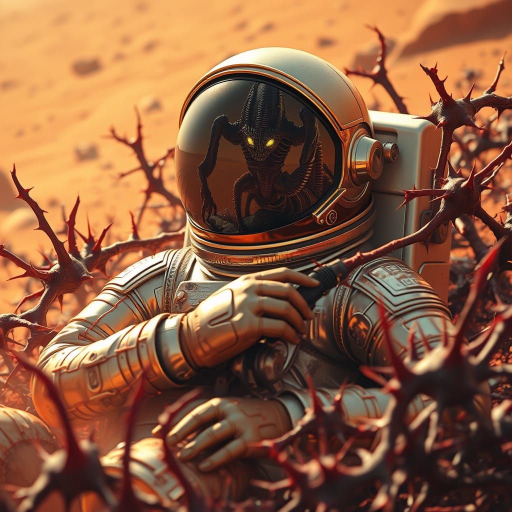 Astronaut Trapped in Crimson Thorns on Distant Planet in Cyb...