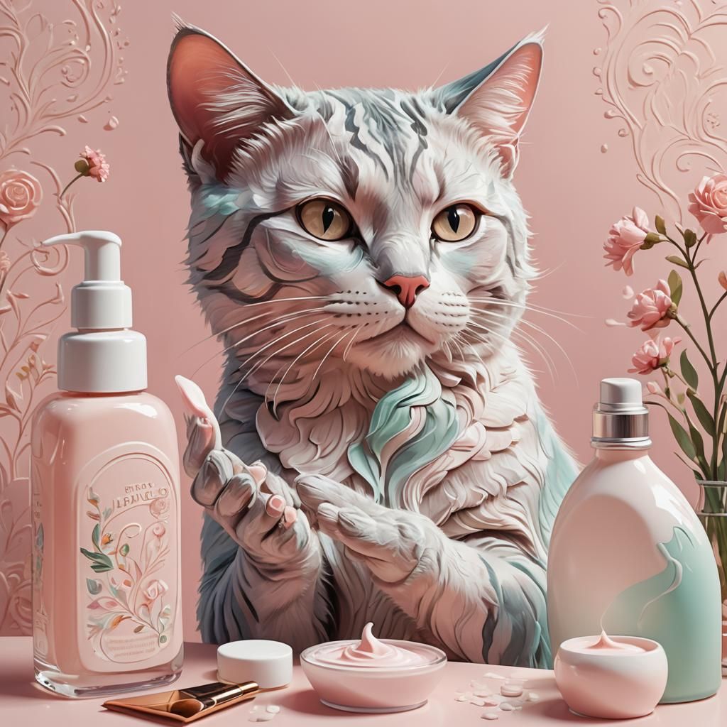 Anthropomorphic Cat's Beauty Ritual in Art Nouveau Style