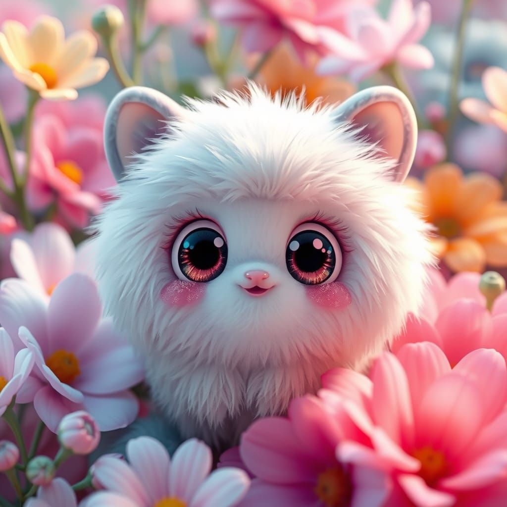 Adorable Fluffy Creature in Vibrant Floral Landscape