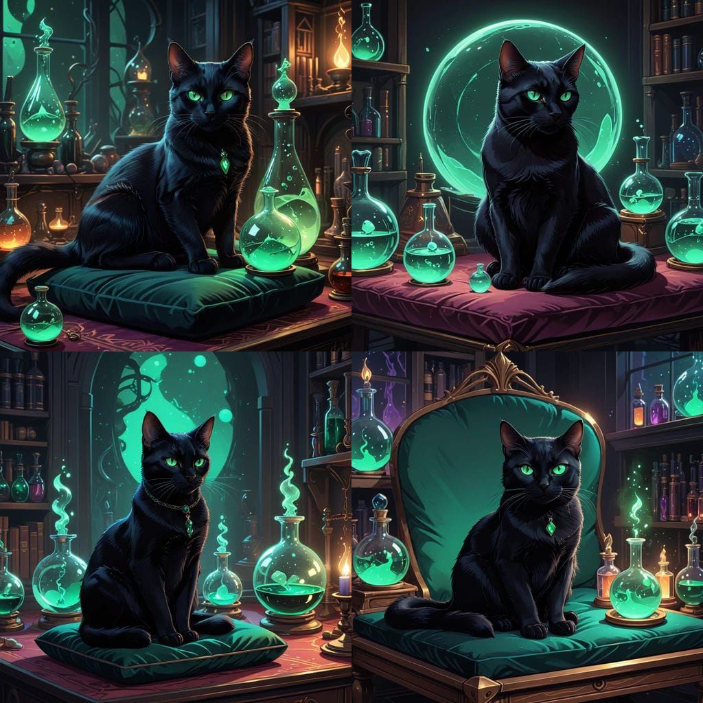 Mysterious Black Cat in Alchemist Lab - Vector Art