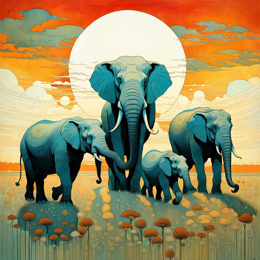 White Elephant Family at Sunset, Minimalist Style