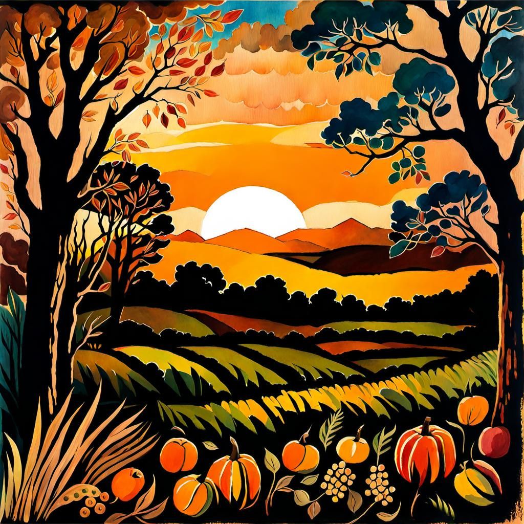 Fall Harvest Sunset in Gouache Watercolor Style