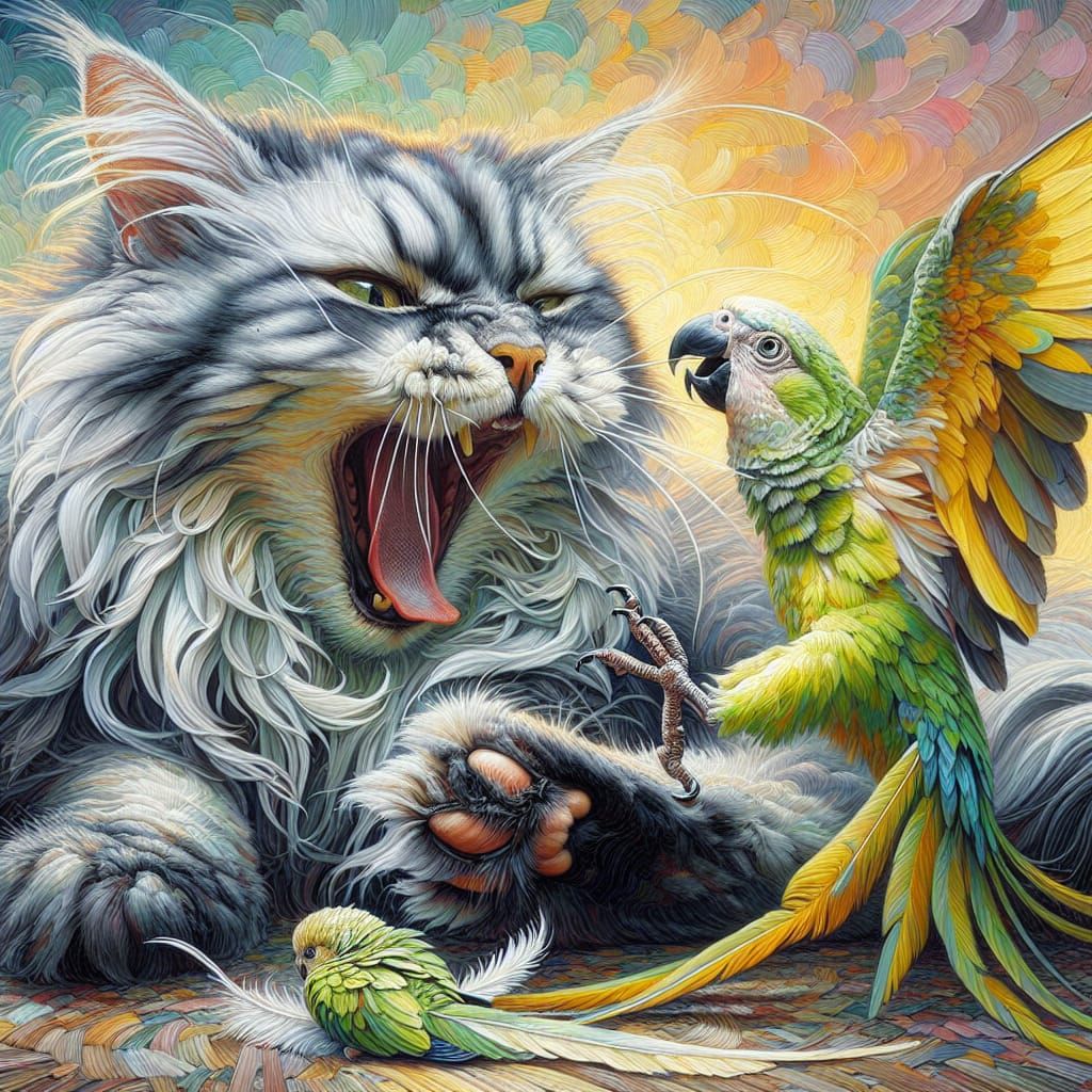 Grey Maincoon Cat and Small Green Parrot in Impressionist Oi...