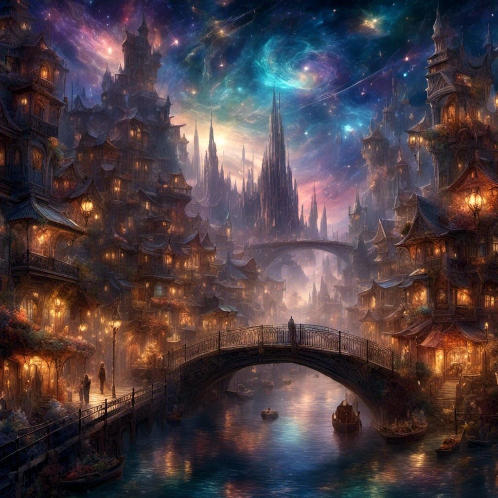 Colorful Night Cityscape with Shooting Stars