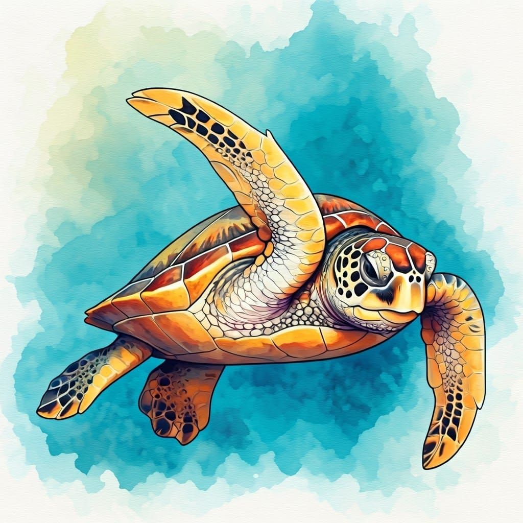 Sea Turtle in Motion, a Turner-Inspired Watercolor Masterpie...