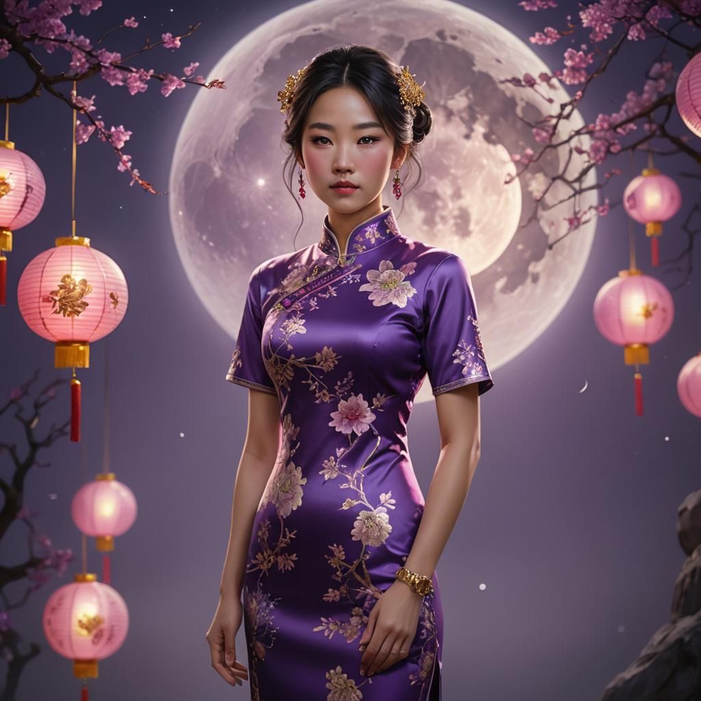 Asian Woman in Cheongsam Under Full Moon