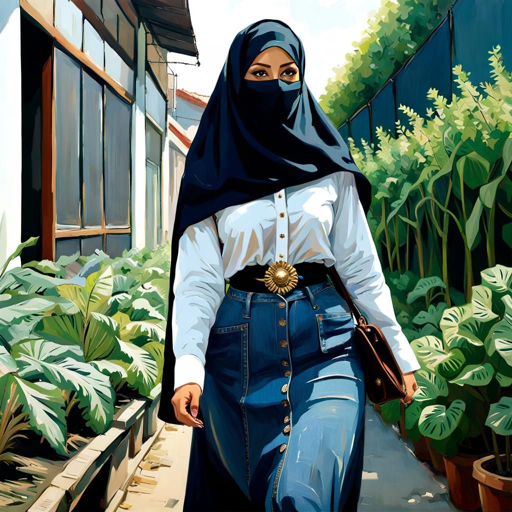 Enticing Niqabi Student in Botanical City, Oil Painting