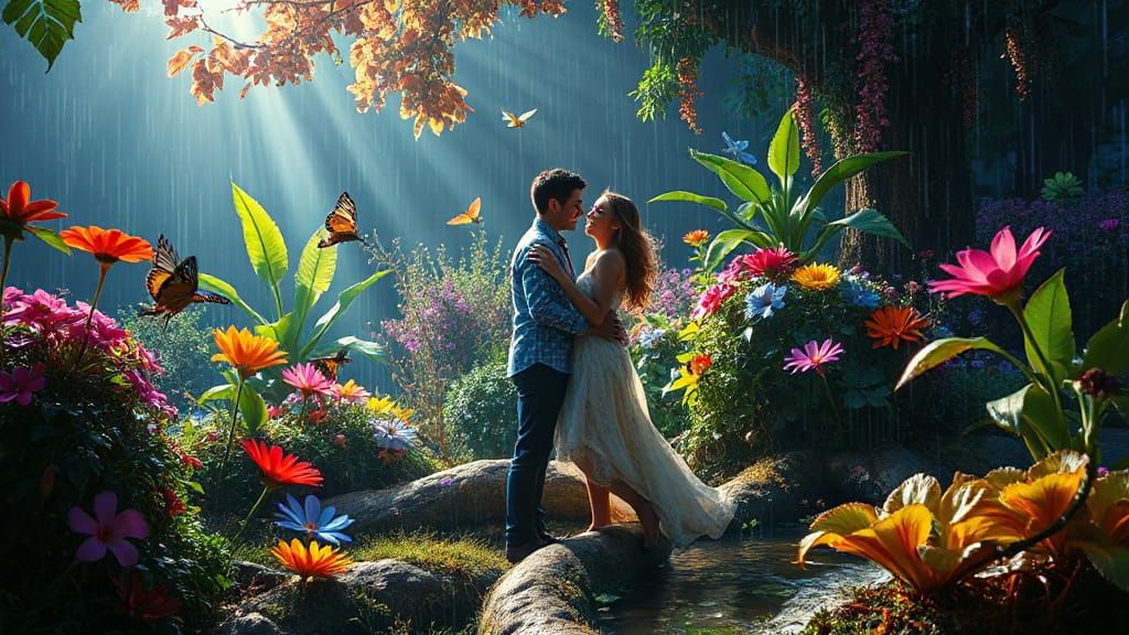 Magical Glowing Garden of Eden with Dancing Couple