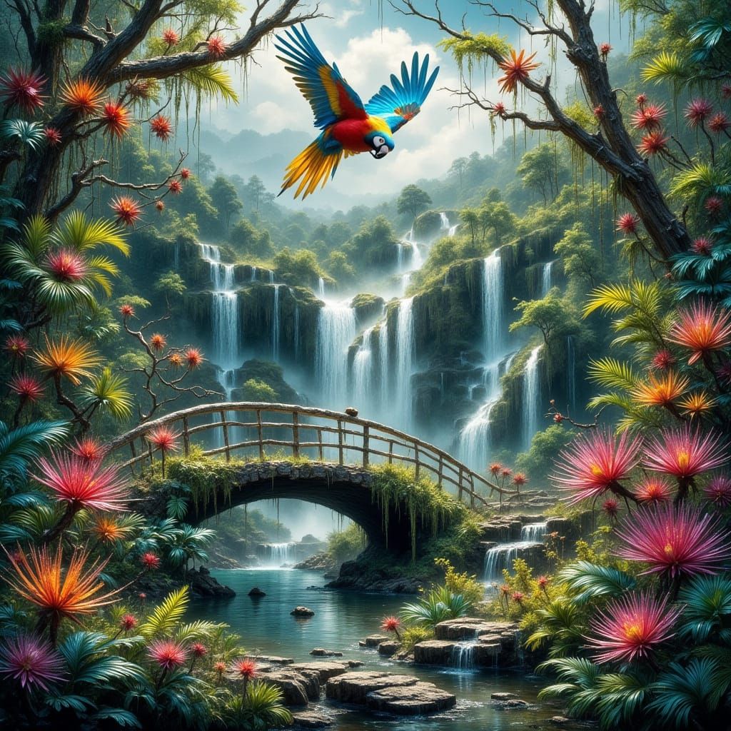 Lush Iguazu Falls in Impasto Painting Style