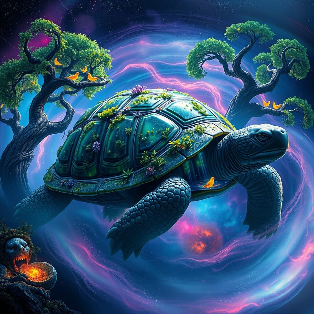 Bioluminescent Tortoise Navigating a Cosmic Nebula