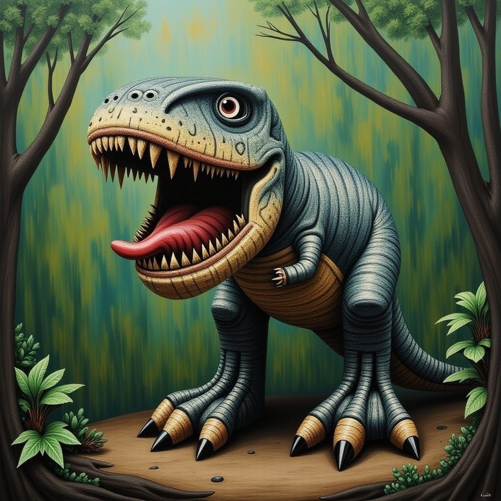 T-Rex in Jungle: Dubuffet-Inspired Art