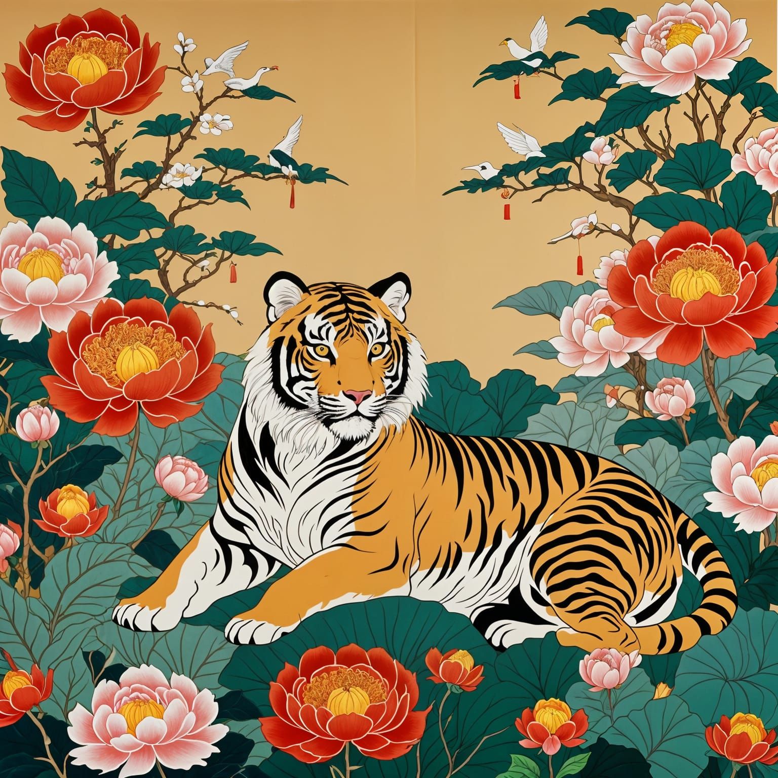 Vibrant Minhwa Folk Art Illustration of Tiger-Decorated Waga...