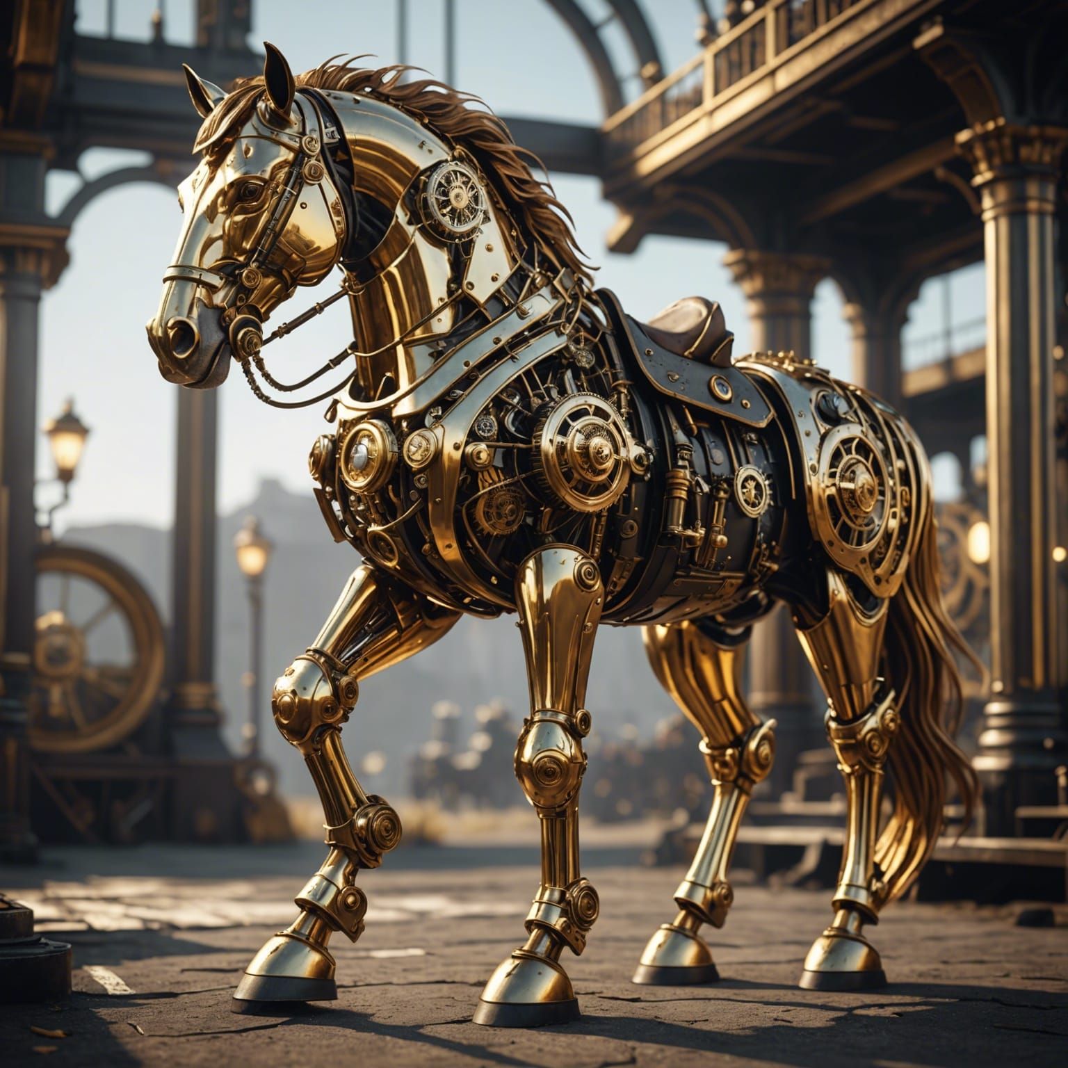 Golden Steampunk Horse with Intricate Mech Details