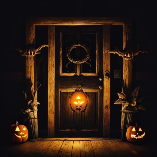 Jack-O-Lantern Beside Door in Gothic Horror Style