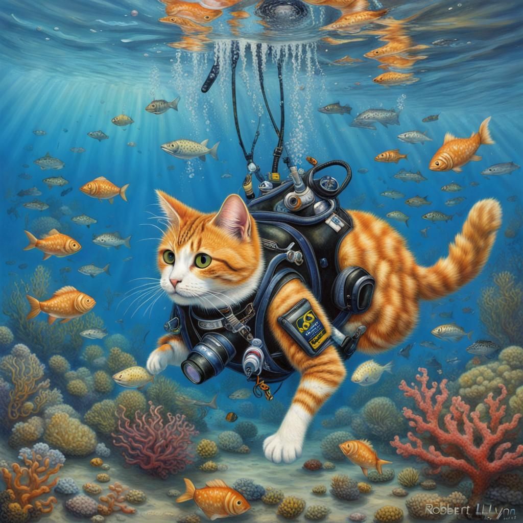 Calico Cat Scuba Diving, Marine Art Style
