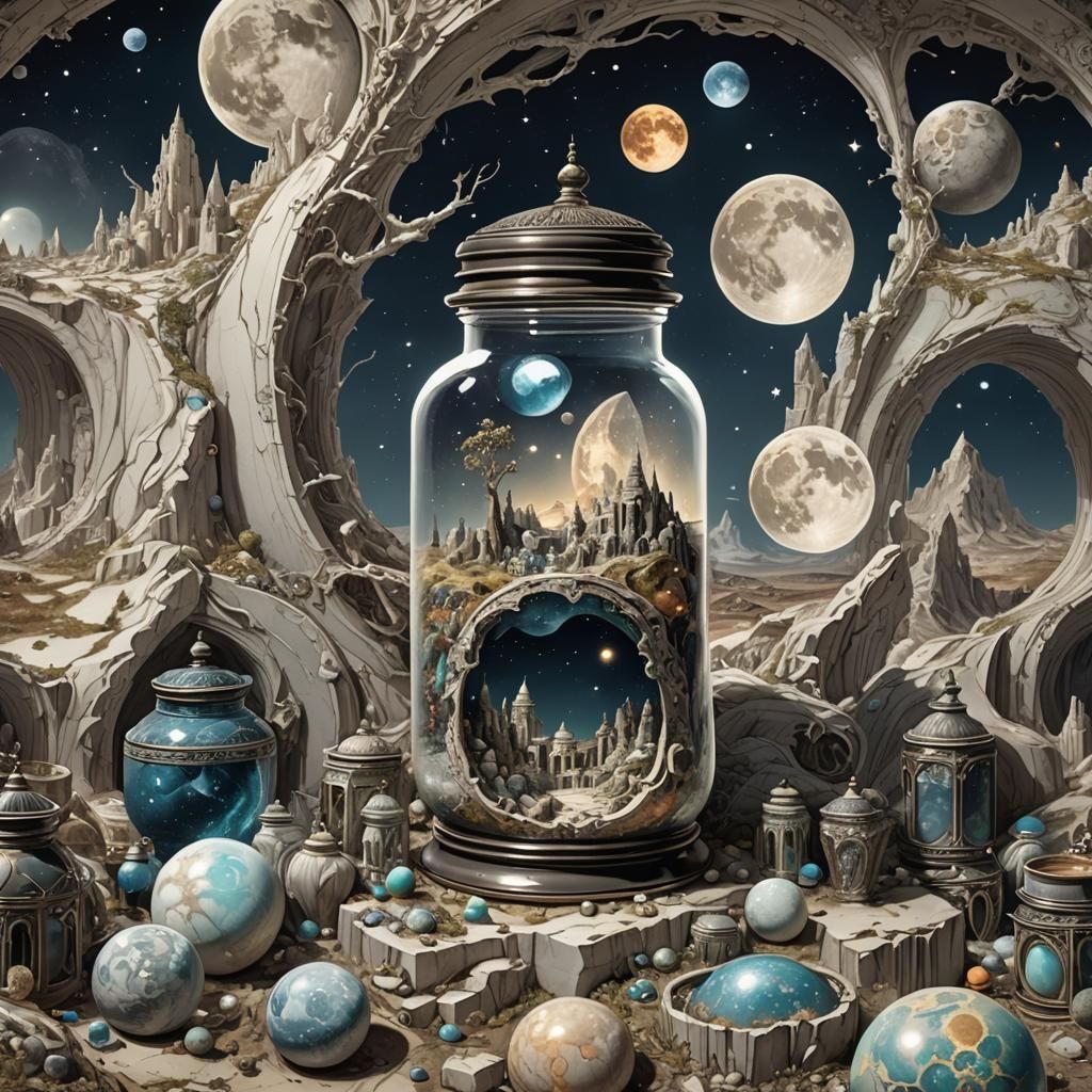 Ornate Moon in Jar on Cosmic Shelf