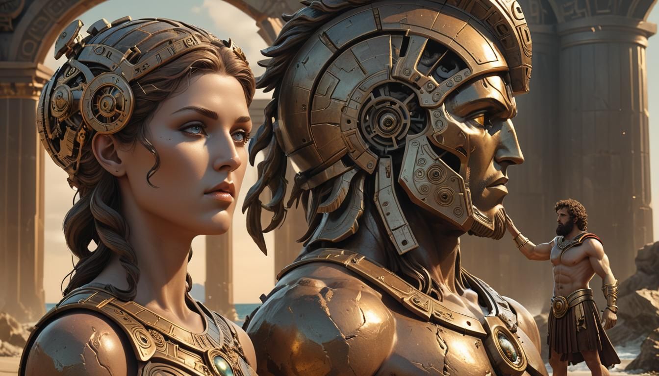 Hephaestus and Aemaeth Inspect Talos: Greek Mythology Concep...