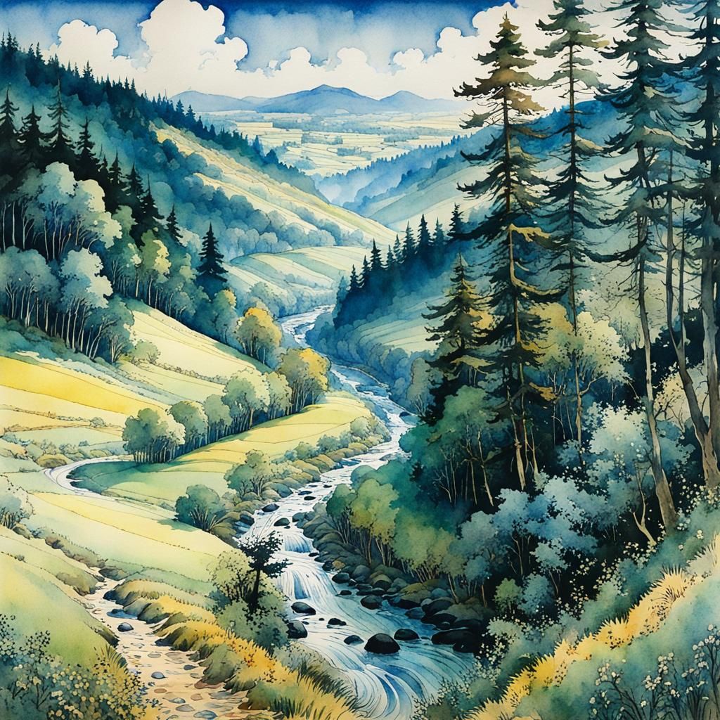 Valley River Scene in Anime Watercolor Style