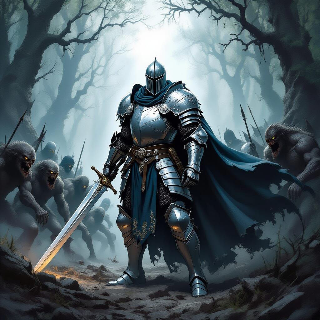 Epic Knight vs Monsters in Fantasy Art Style