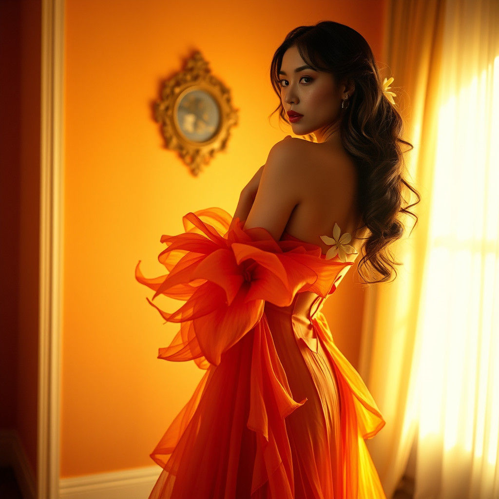 Woman in Orange Tiger Lily Dress, Cinematic Style