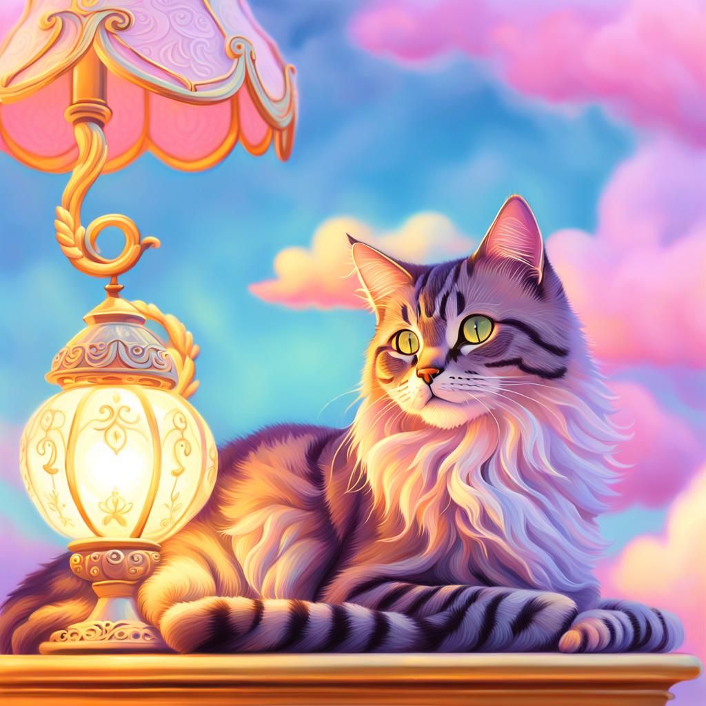 Fauvist Cat Beside Ornate Lamp Illustration
