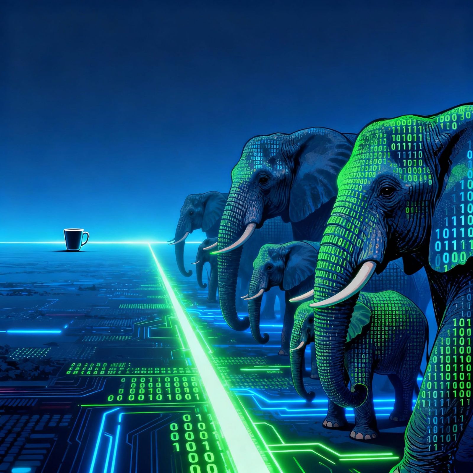 Elephants Made of Binary Code in Cyberpunk Landscape