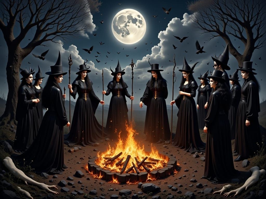 A gathering of witches standing in a circle around a bonfire...