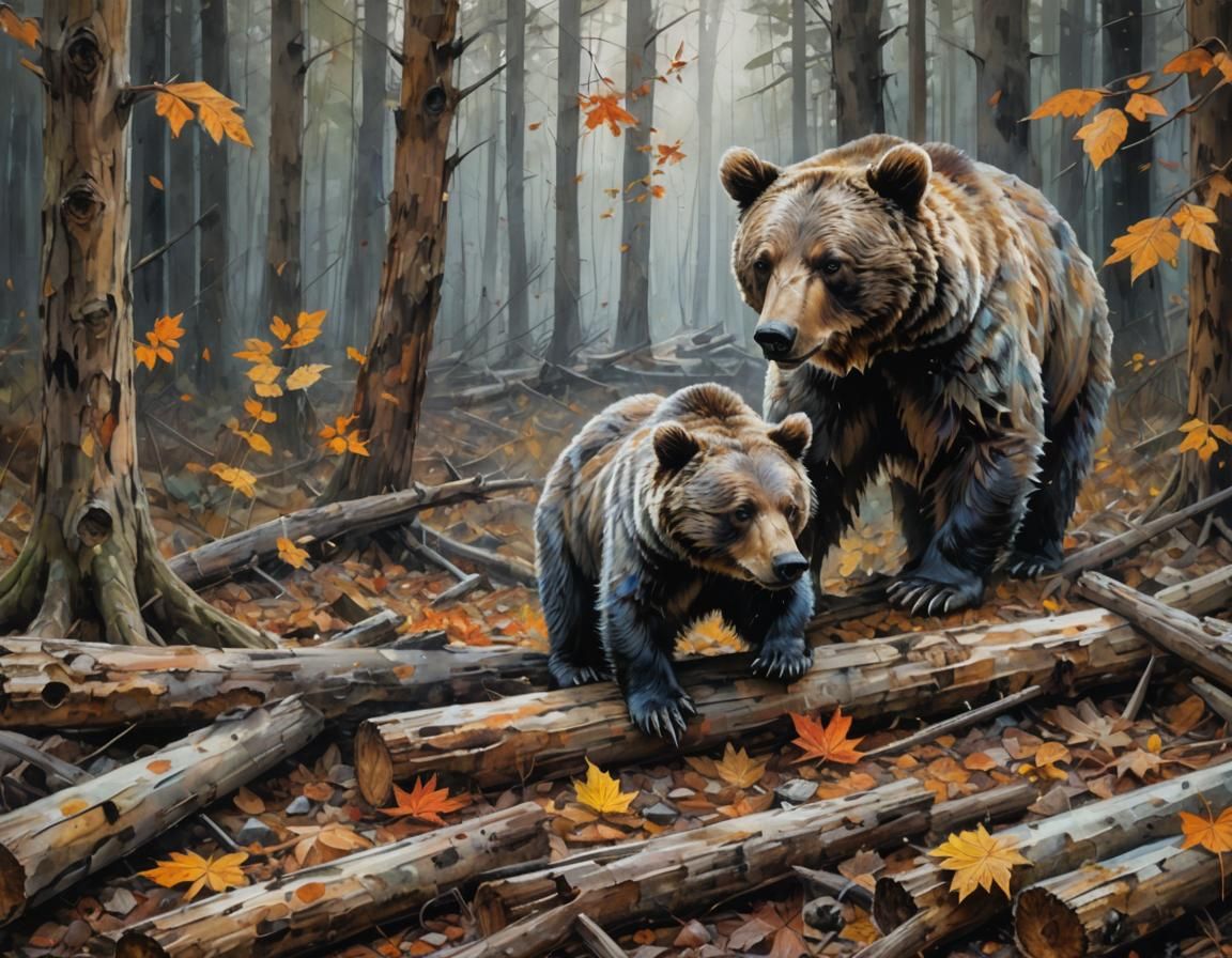 Gray Bear in Forest, Acrylic and Watercolor