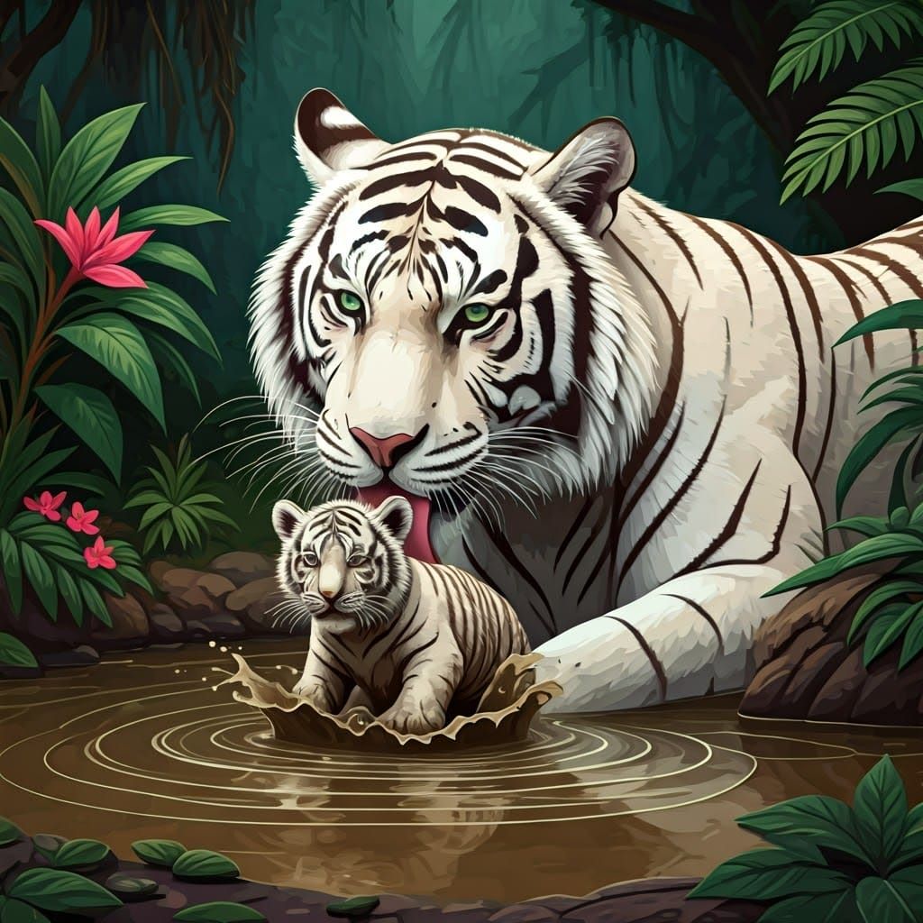 Gentle White Tiger Mother Licks Her Cub in a Jungle Mud Pudd...