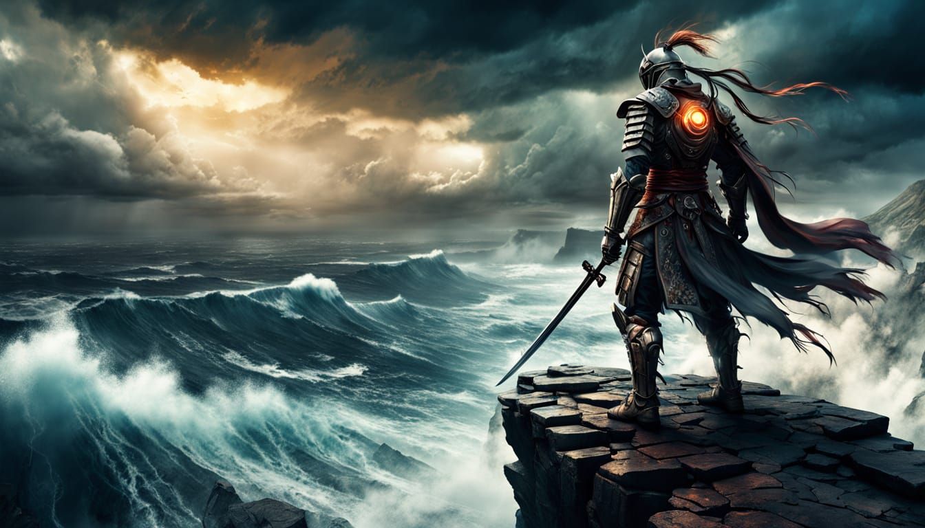 Lone Biomechanical Warrior on Windswept Cliff Overlooking St...