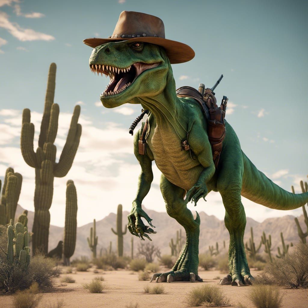 T. Rex Cowboy Gunslinger in Desert, 3D Render