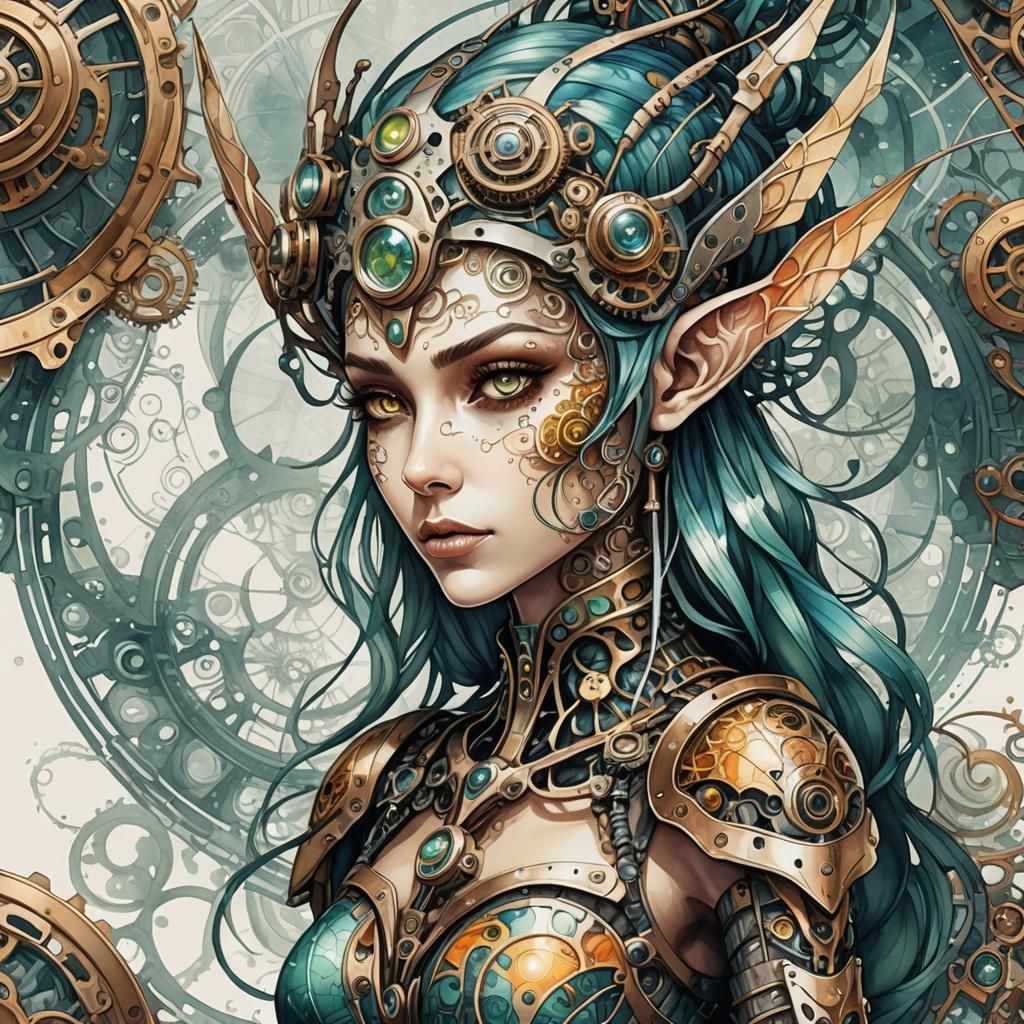 Steampunk Elf Cyborg in Watercolor Style