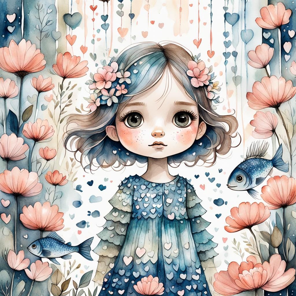 Heart Flowers Surround Girl in Watercolor Sketch