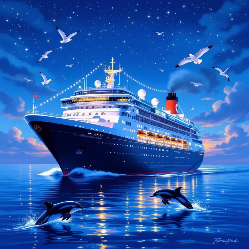 Starlit Cruise Ship in Romantic Landscape Style