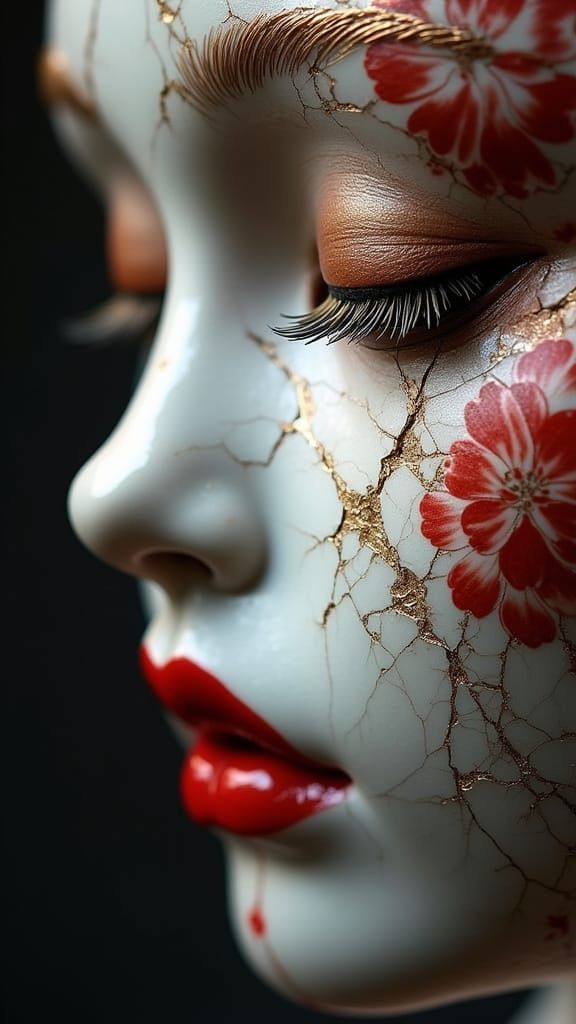 Kintsugi Porcelain Face with Golden Repair in Hyperrealism